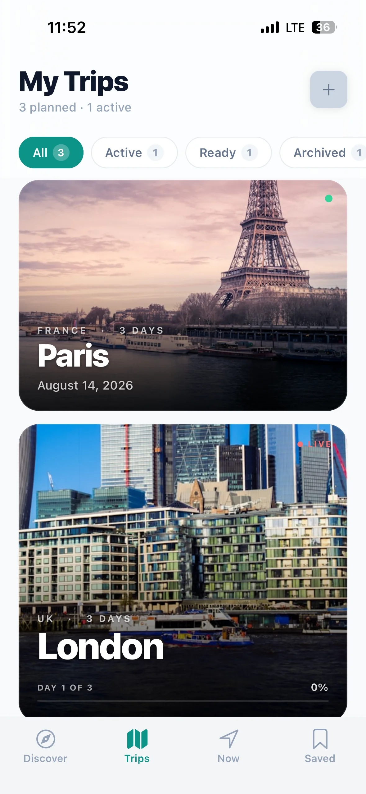 TripScout travel planner app — My Trips screen listing planned trips to Zürich, Sydney and Bangkok