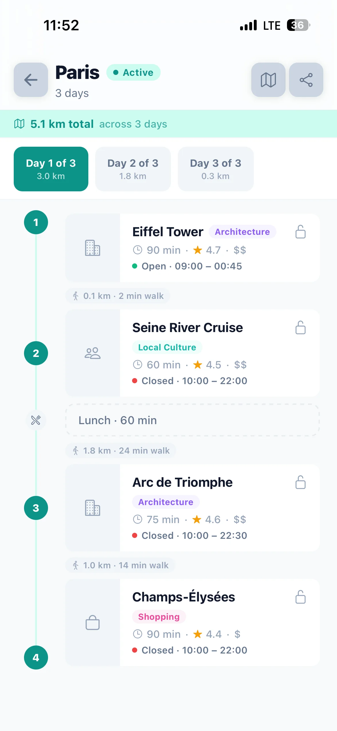 AI-generated day-by-day itinerary for a three-day Zürich trip with timed stops and lunch break