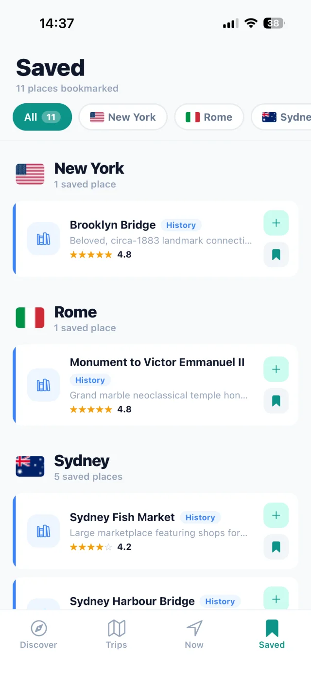 Saved and bookmarked travel places grouped by city: New York, Rome and Sydney